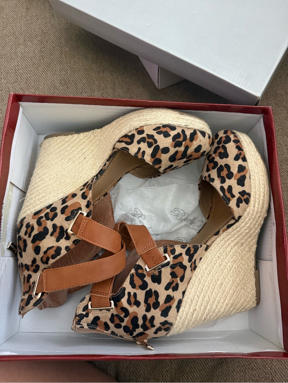 Breckelles Leopard Print Wedge Sandals with Tan Straps